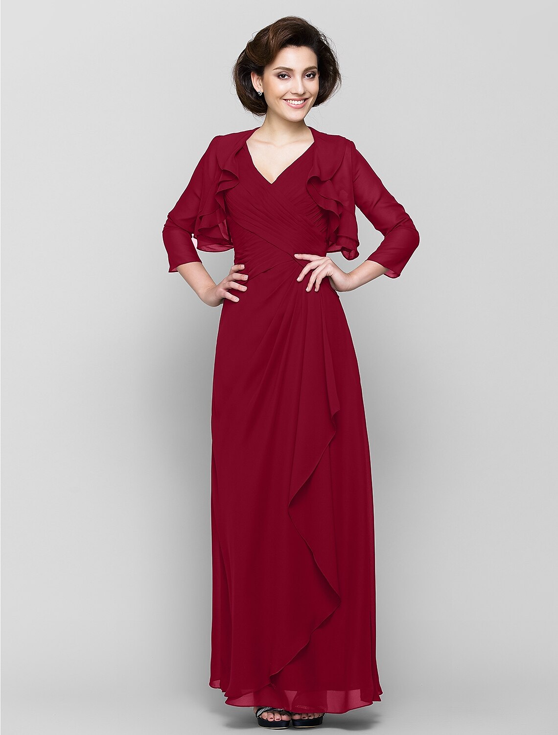 Luolandi Sheath / Column Mother of the Bride Dress Convertible Dress V Neck Floor Length Chiffon 3/4 Length Sleeve with Criss Cross Cascading