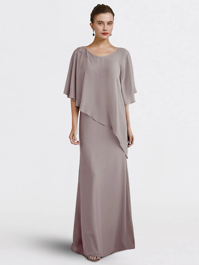 Luolandi Sheath / Column Mother of the Bride Dress Plus Size Elegant V Neck Floor Length Chiffon Half Sleeve