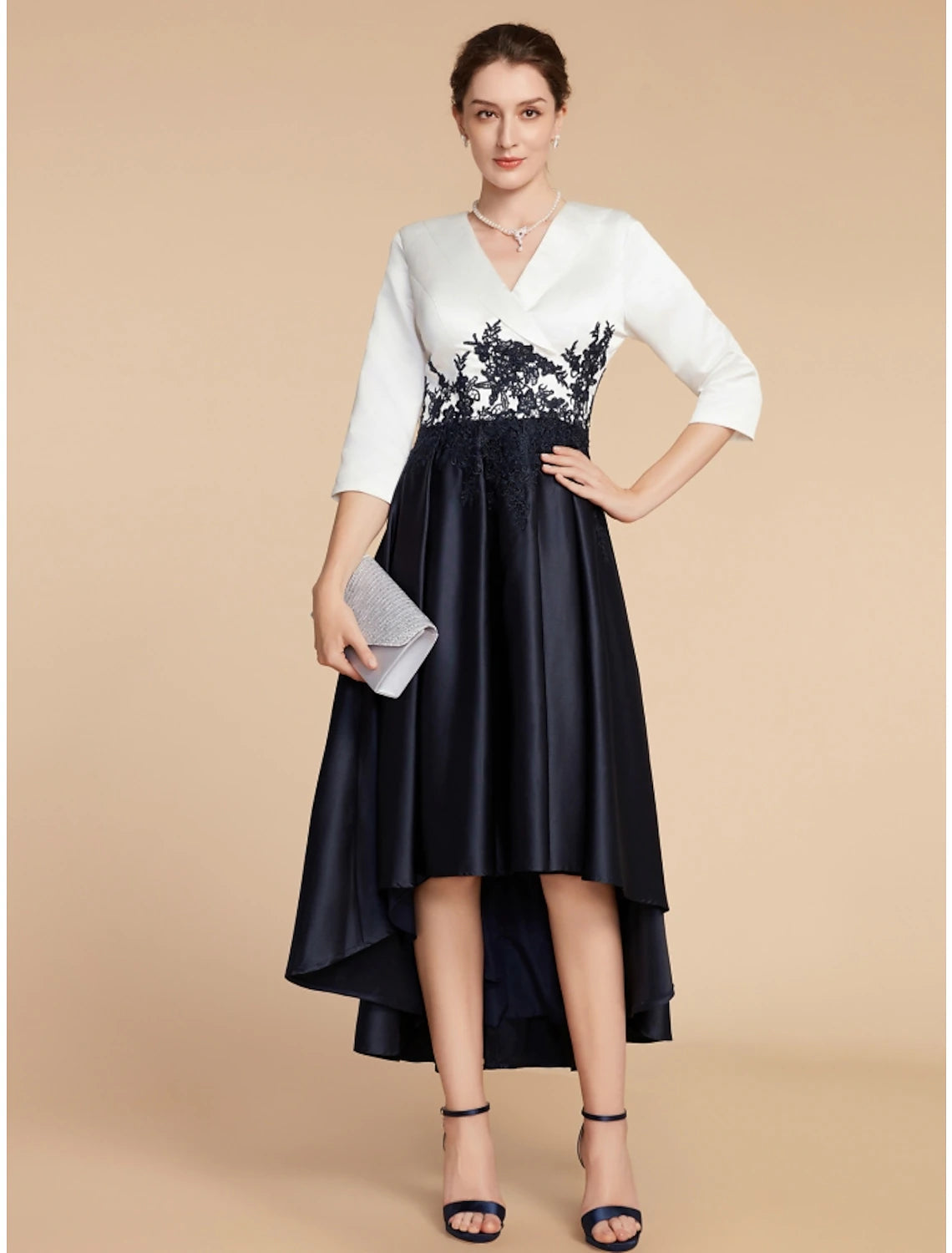 Luolandi A-Line Mother of the Bride Dress Wedding Guest Elegant Petite V Neck Asymmetrical Satin Lace Half Sleeve