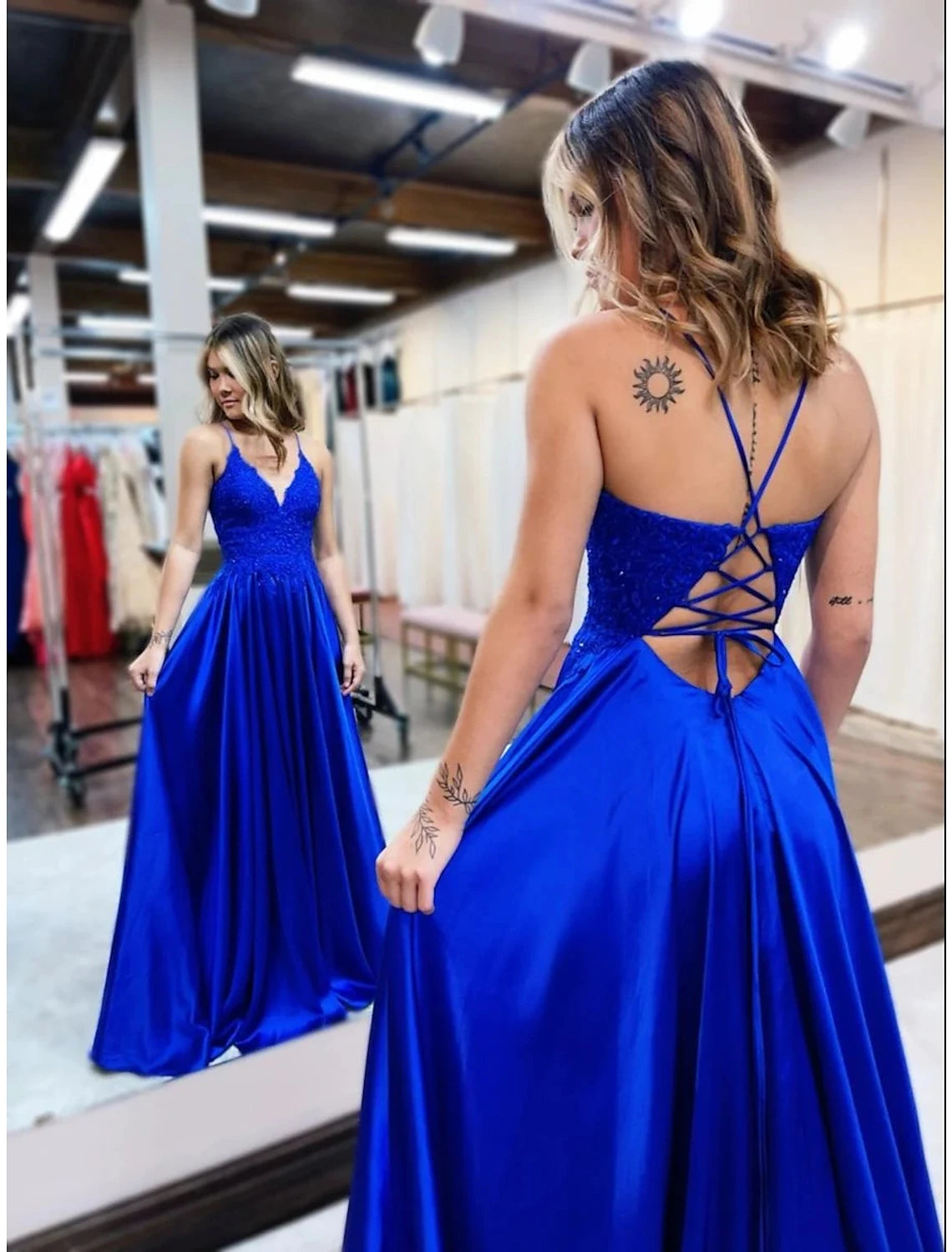 Luolandi A-Line Prom Dresses Empire Dress Formal Wedding Party Court Train Sleeveless V Neck Satin Backless