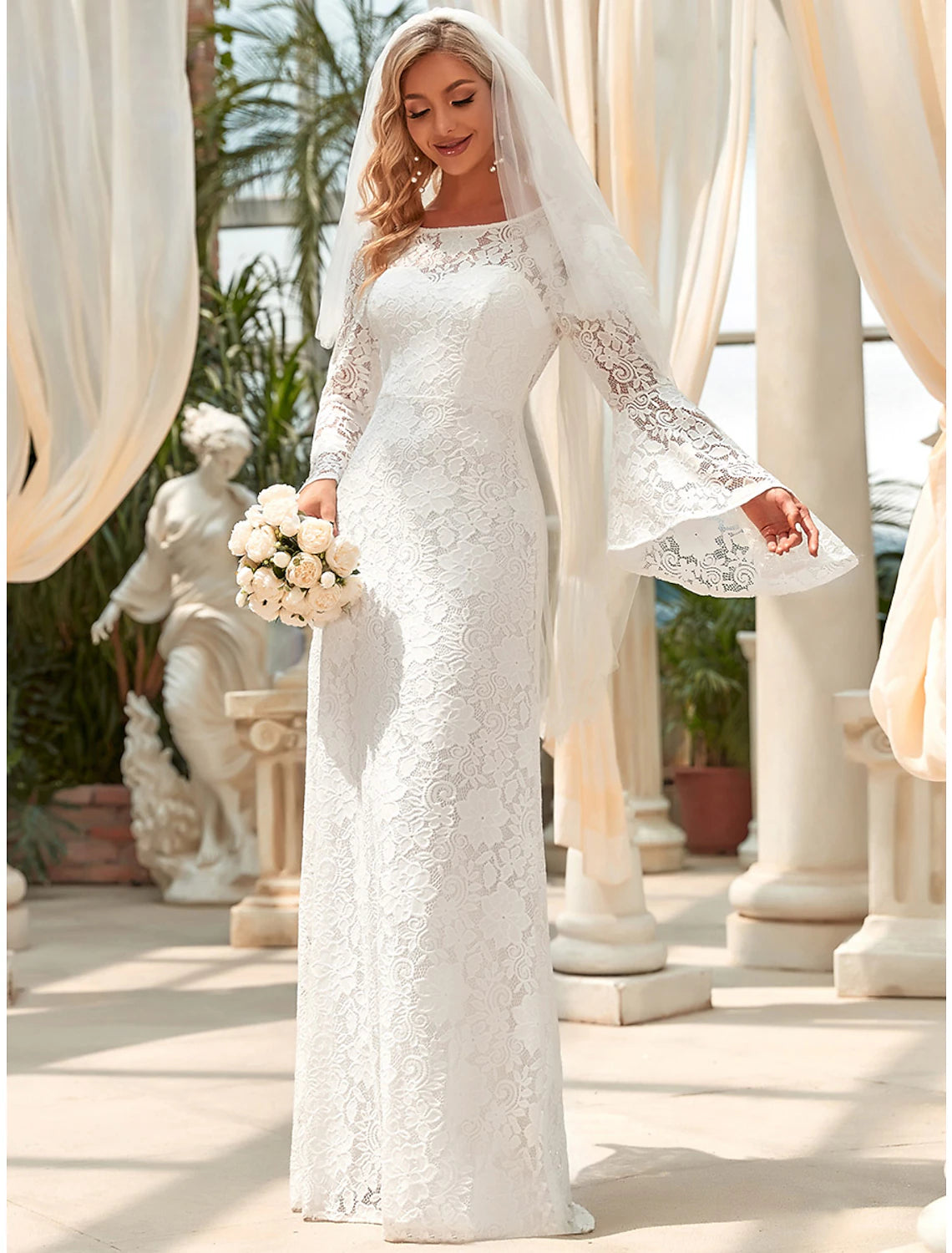 Luolandi Hall Wedding Dresses Mermaid / Trumpet Jewel Neck Long Sleeve Floor Length Lace Bridal Gowns