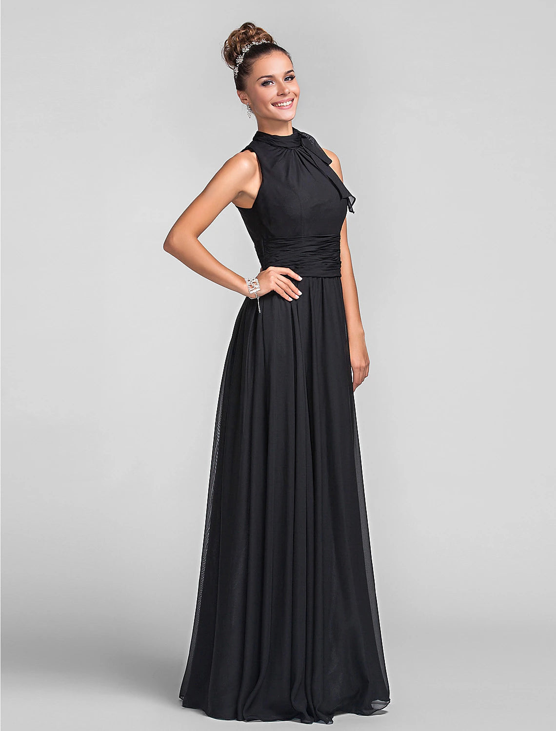 Luolandi Sheath / Column Bridesmaid Dress High Neck Sleeveless Vintage Inspired Floor Length Chiffon with Ruched Ruffles