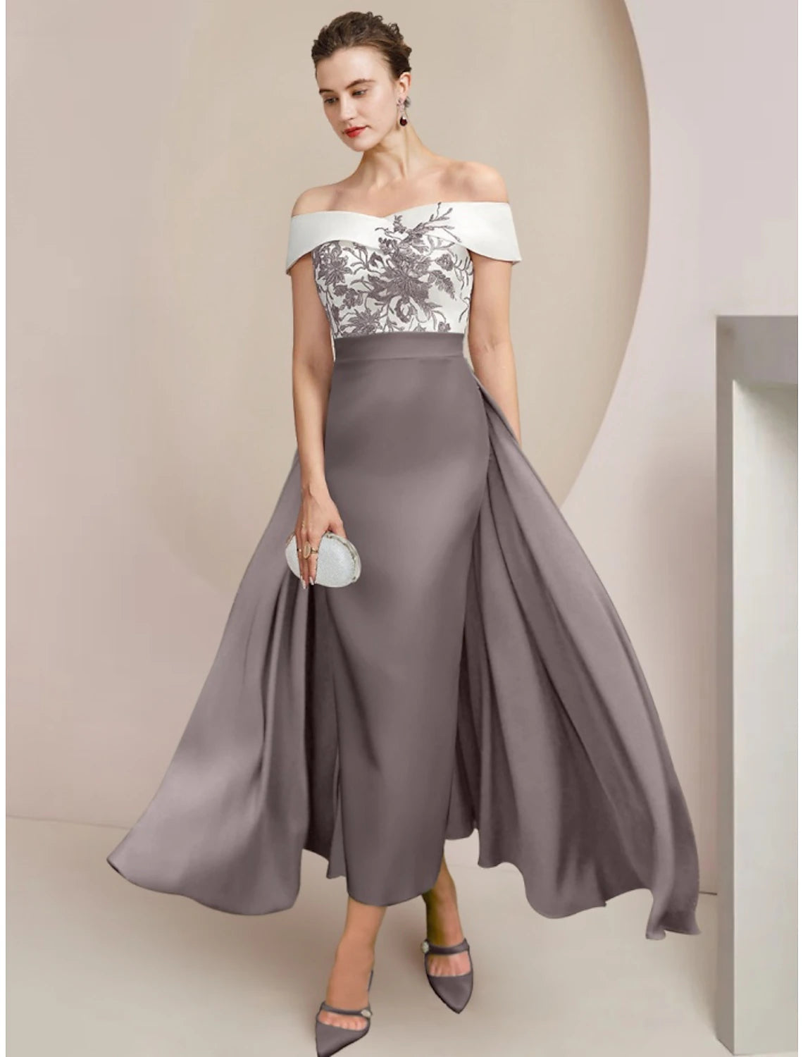 Luolandi A-Line Mother of the Bride Dress Wedding Guest Elegant Off Shoulder Ankle Length Short Sleeve with Appliques