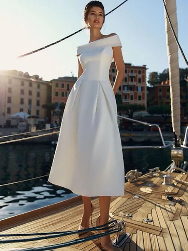 Luolandi A-Line Minimalist Holiday Cocktail Party Dress Off Shoulder Short Sleeve Ankle Length