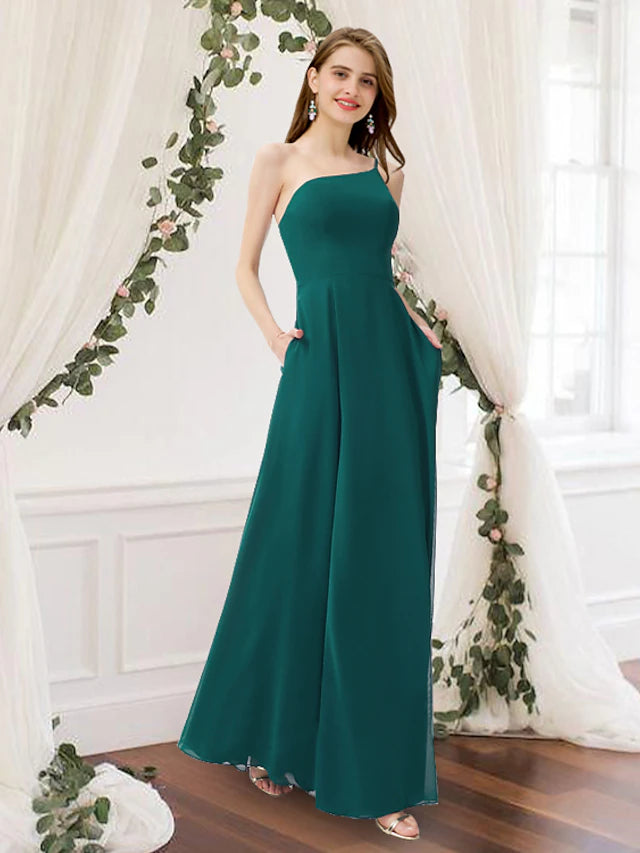 Luolandi Elegant A-Line Bridesmaid Dress One Shoulder Sleeveless Simple Wedding Guest Dress Party Dress