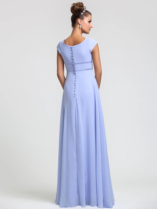Luolandi Sheath / Column Bridesmaid Dress Square Neck Short Sleeve Elegant Floor Length Chiffon with Sash / Ribbon