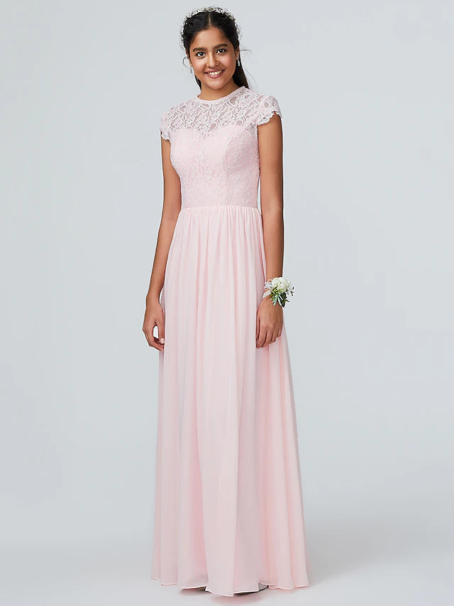 Luolandi A-Line Bridesmaid Dress Jewel Neck Sleeveless Elegant Floor Length Chiffon with Lace Sparkle & Shine