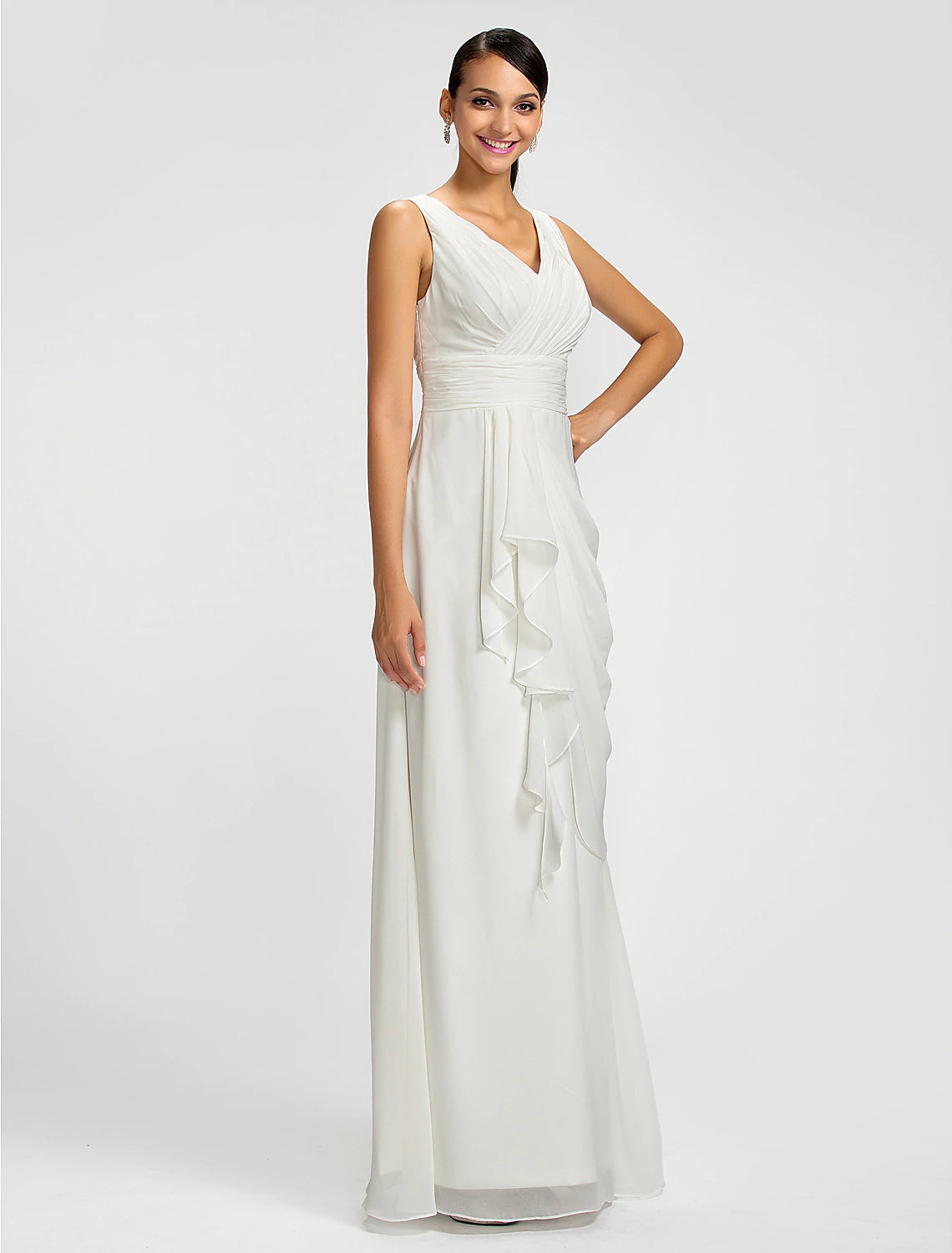 Luolandi Sheath / Column V Neck Floor Length Chiffon Bridesmaid Dress with Draping / Sash / Ribbon