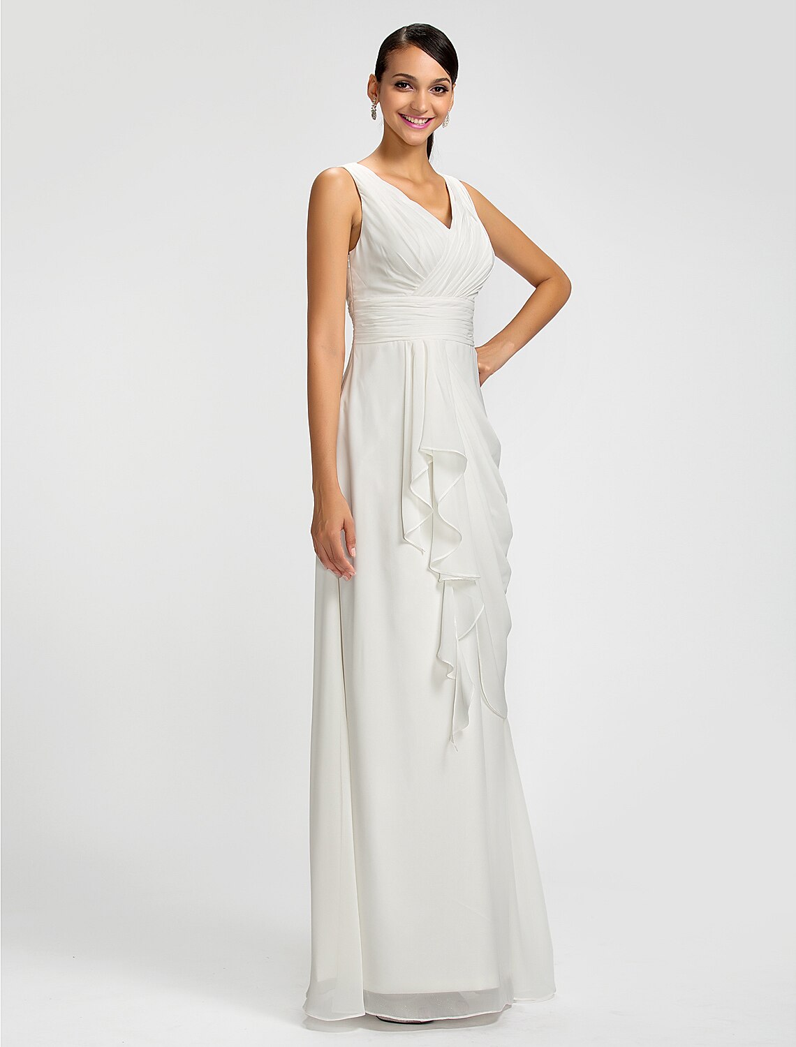 Luolandi Sheath / Column V Neck Floor Length Chiffon Bridesmaid Dress with Draping / Sash