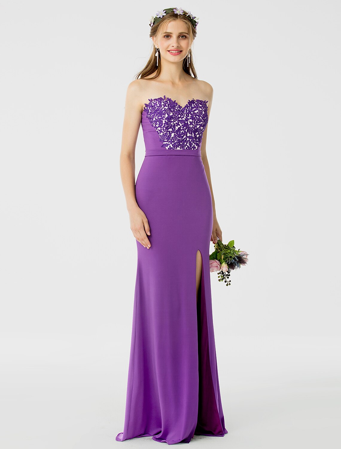 Luolandi Sheath / Column Bridesmaid Dress Sweetheart Sleeveless Open Back Floor Length Jersey / Floral Lace with Sash / Ribbon / Appliques
