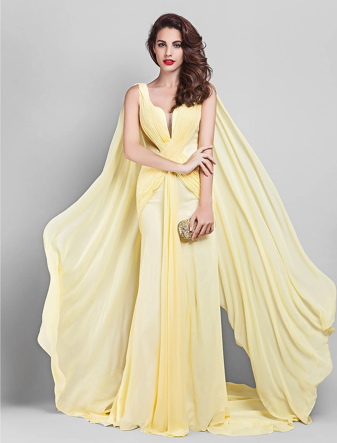 Luolandi Sheath / Column Elegant Dress Wedding Guest Court Train Sleeveless Plunging Neck Georgette V Back with Criss Cross Side