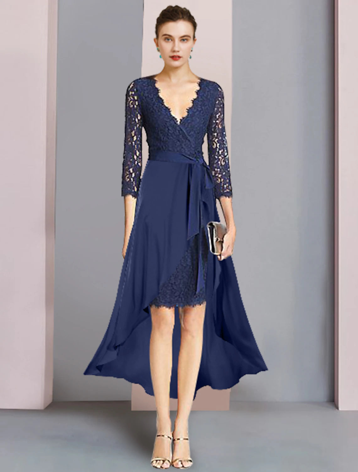 Luolandi Two Piece Sheath / Column Mother of the Bride Dress Formal Wedding Guest Elegant V Neck Knee Length Chiffon Lace 3/4 Length Sleeve