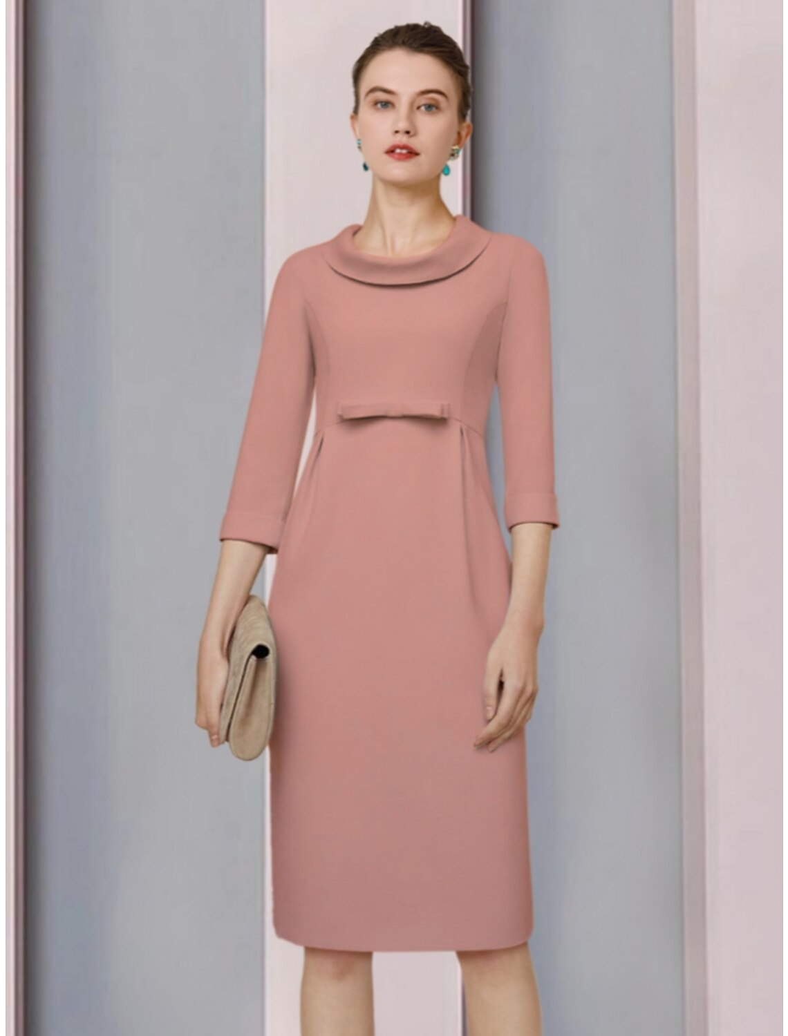 Luolandi A-Line Mother of the Bride Dress Wedding Guest Elegant Petite Jewel Neck Knee Length Satin 3/4 Length Sleeve with Bow(s)