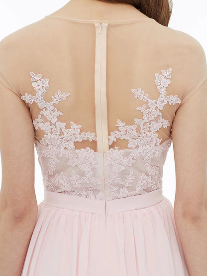 A-Line Bridesmaid Dress Illusion Neck Sleeveless Illusion Detail Floor Length Chiffon / Floral Lace with Sash / Ribbon