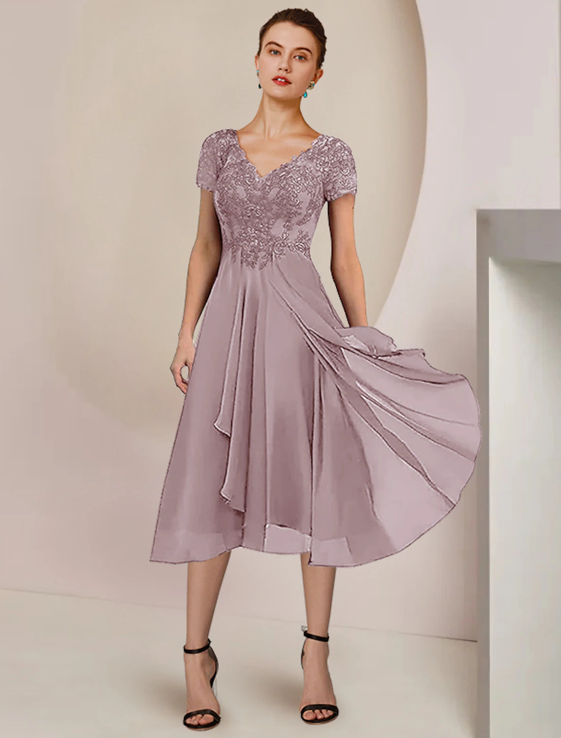 Luolandi Two Piece A-Line Mother of the Bride Dress Formal Wedding Guest Elegant V Neck Asymmetrical Tea Length Chiffon Lace Short Sleeve Wrap Included with Pleats