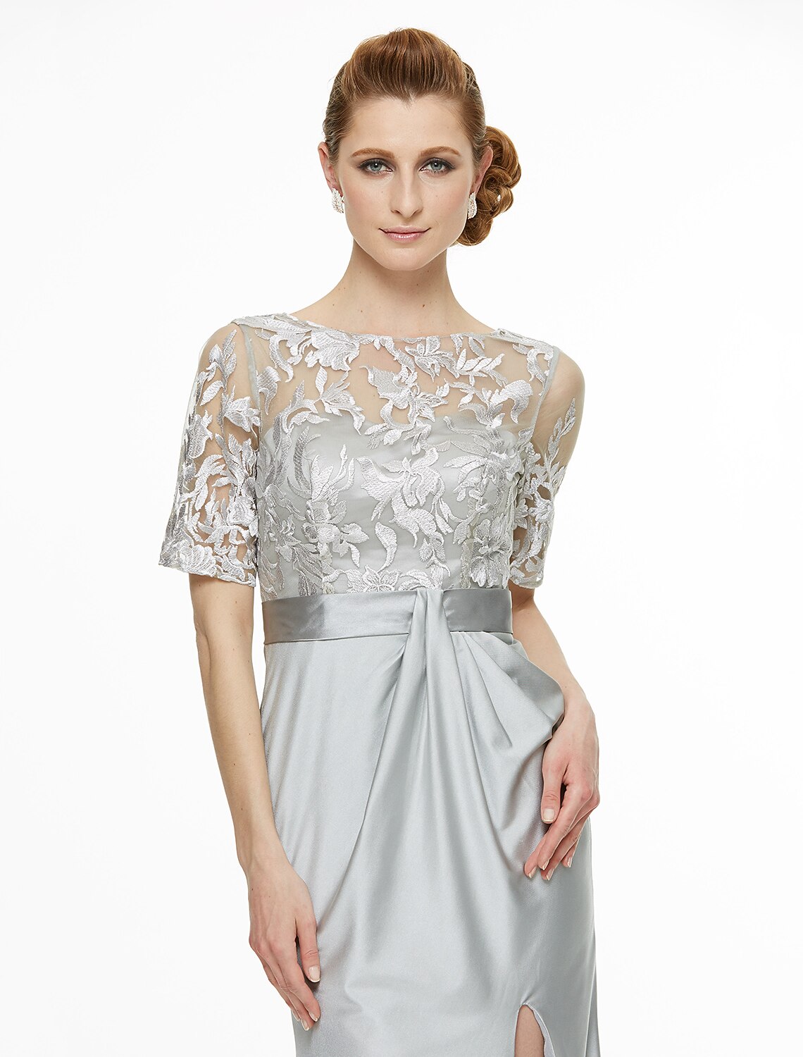 Luolandi Sheath / Column Bateau Neck Ankle Length Lace / Jersey Mother of the Bride Dress with Lace