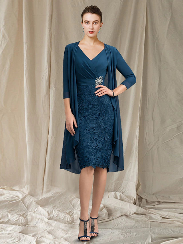 Luolandi Two Piece Sheath / Column Mother of the Bride Dress Church Elegant V Neck Knee Length Chiffon Lace Half Sleeve Jacket Dresses with Appliques Crystal