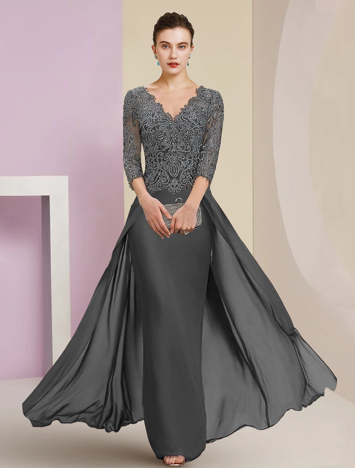 Luolandi Sheath / Column Mother of the Bride Dress Formal Wedding Guest Elegant V Neck Floor Length Chiffon Lace 3/4 Length Sleeve