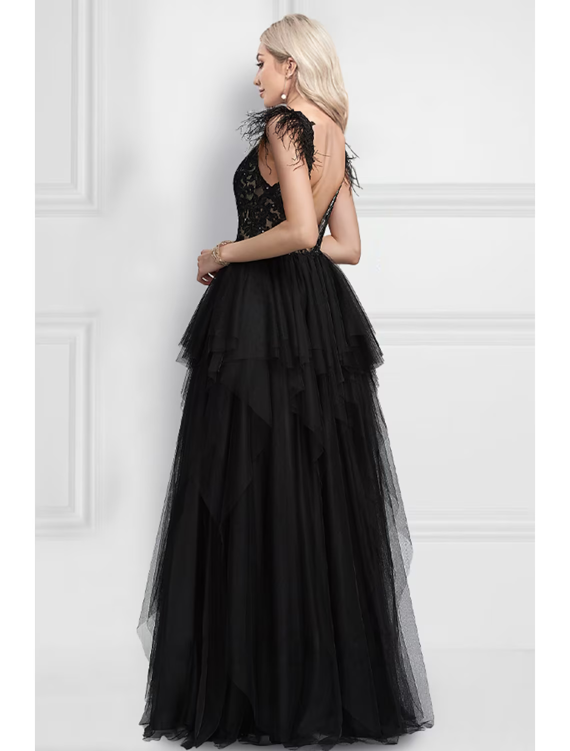 A-Line Prom Dresses Black Dress Wedding Party Floor Length Sleeveless V Neck Tulle with Feather Appliques