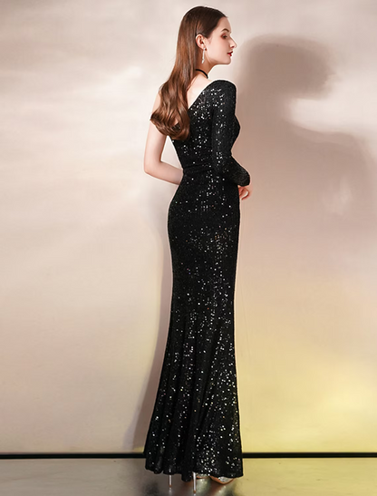 Evening Gown Sparkle Dress Wedding Guest Floor Length Sleeveless One Shoulder Sequined with Slit