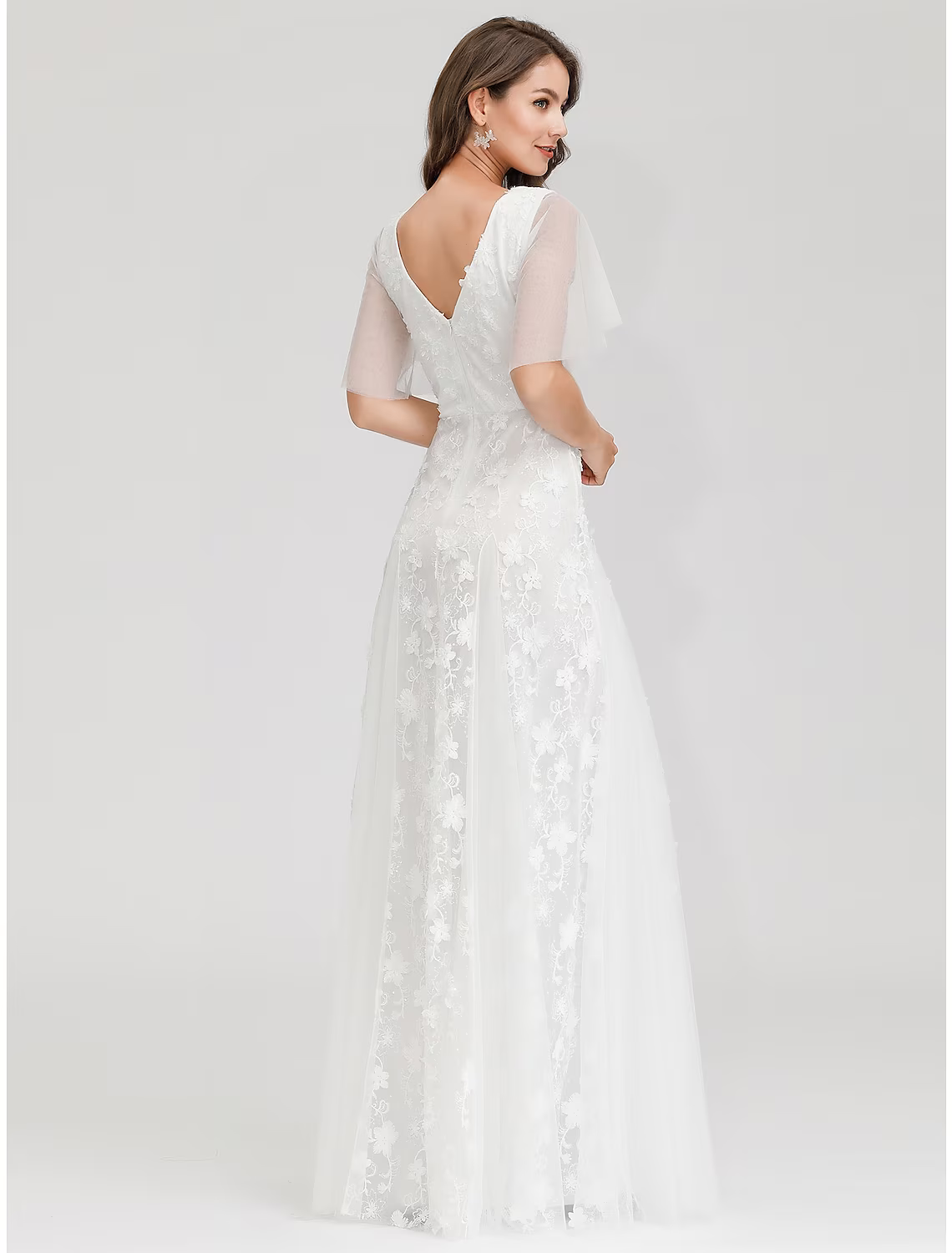 Bridal Shower Wedding Dresses A-Line Short Sleeve V Neck Tulle With Lace Appliques