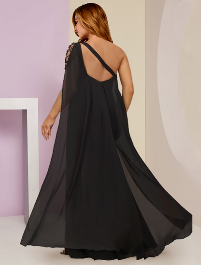 Plus Size Curve Mother of the Bride Dress Wedding Guest Party Sexy One Shoulder Floor Length Chiffon Sleeveless with Beading Split Front