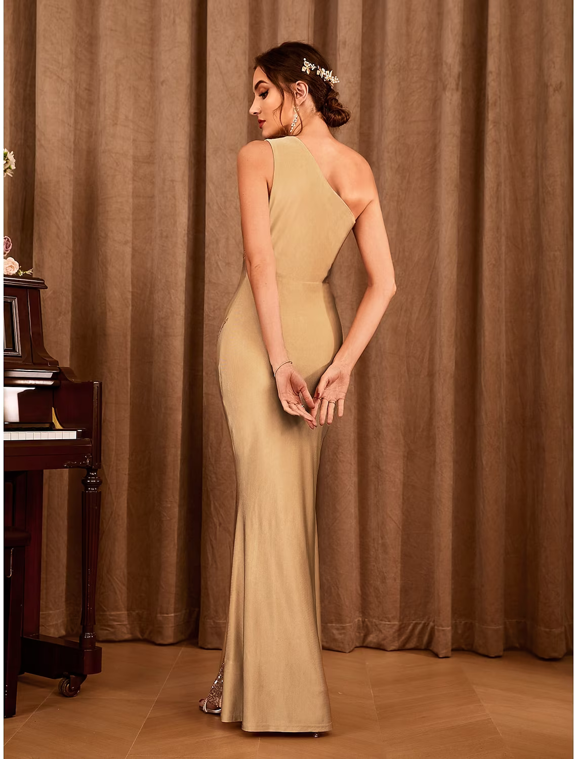 Party Dresses Sexy Dress Wedding Party Floor Length Sleeveless One Shoulder Stretch Satin with Glitter