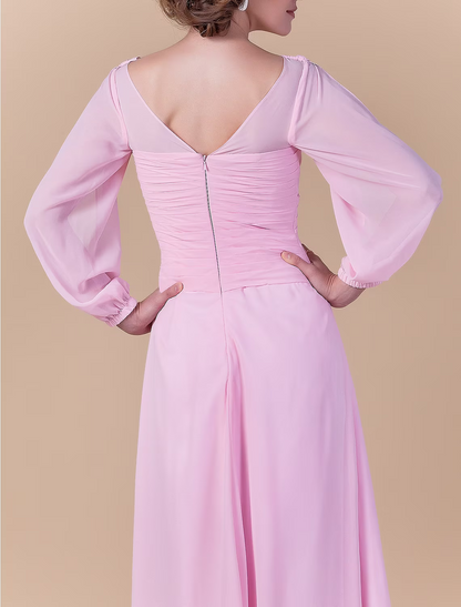 Mother of the Bride Dress Vintage Inspired Cowl Neck Floor Length Chiffon Long Sleeve with Criss Cross Ruched