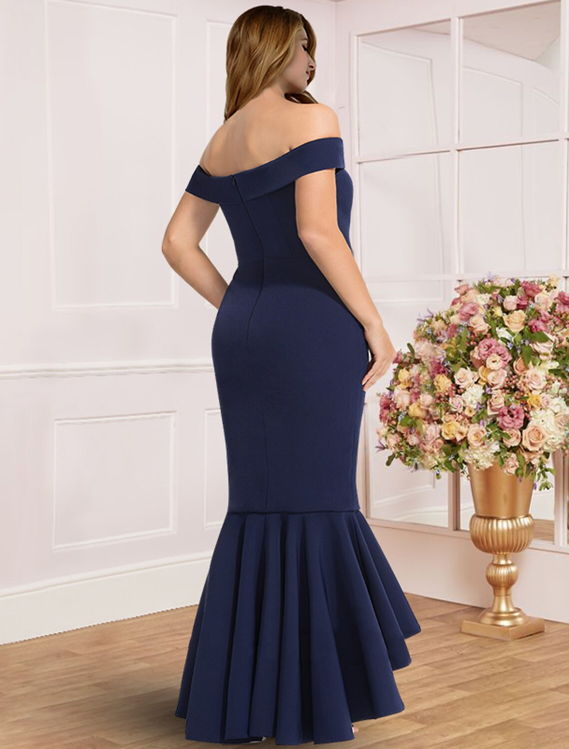 Plus Size Curve Mother of the Bride Dress Wedding Guest Party Elegant Off Shoulder Asymmetrical Stretch Fabric  with Pleats