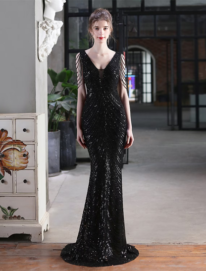 Prom Dresses Elegant Dress Formal Floor Length Sleeveless V Neck Sequined with