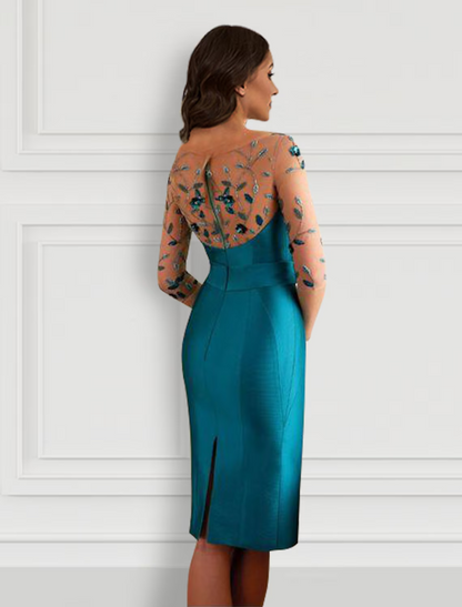 Cocktail Dresses Open Back Dress Formal Knee Length Half Sleeve Jewel Neck Satin with Bow(s) Slit Appliques