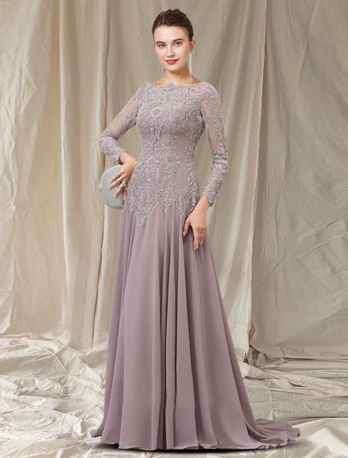 A-Line Mother of the Bride Dress Elegant Chiffon Lace Long Sleeve with Pleats Appliques