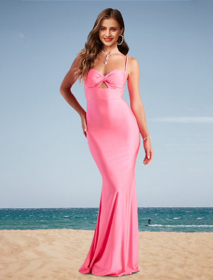 Prom Dresses Cut Out Dress Holiday Floor Length Sleeveless Strap Spandex with Pleats