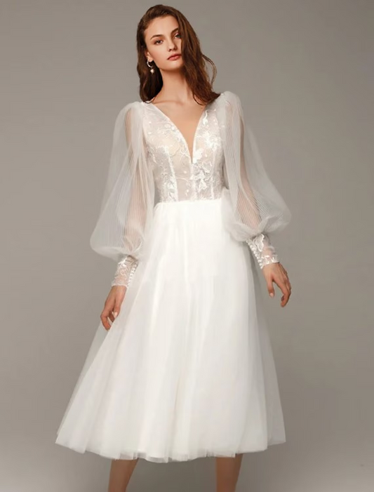 Vintage Little White Dresses Wedding Dresses Tea Length A-Line Long Sleeve V Neck Satin With Applique