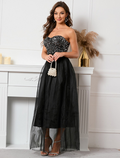 A-Line Party Dresses Sparkle Shine Dress Holiday Floor Length Sleeveless Strapless Sequined with Sequin