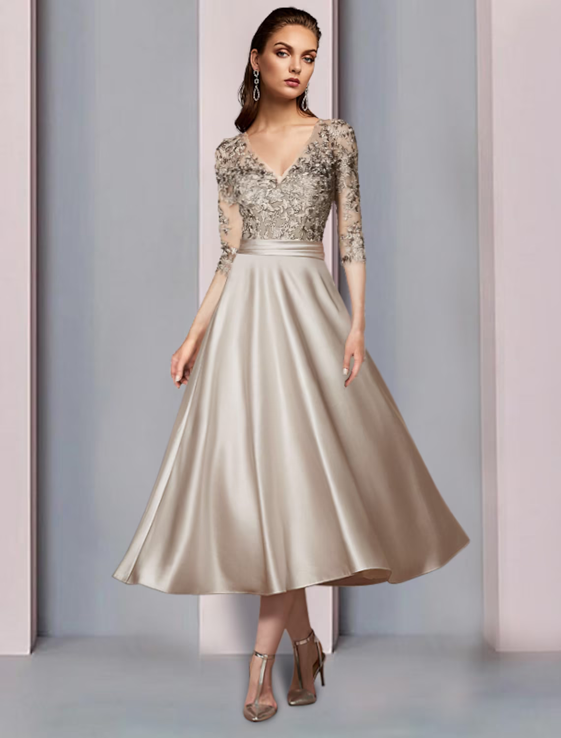A-Line Mother of the Bride Dress Wedding Guest Elegant V Neck Length Satin Lace Half Sleeve with Pleats Appliques