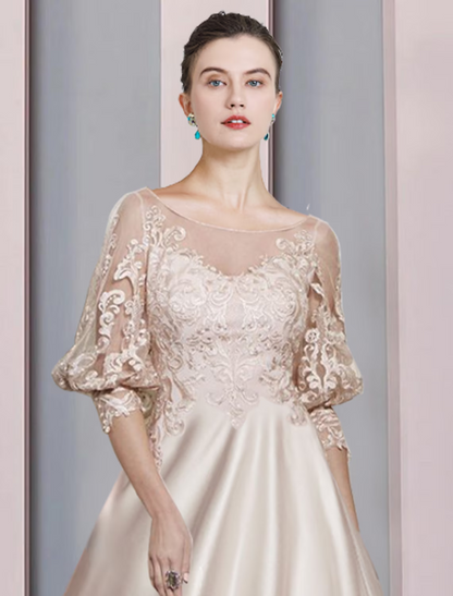 A-Line Mother of the Bride Dress Formal Elegant Scoop Neck Length Satin Lace Sleeve with Appliques