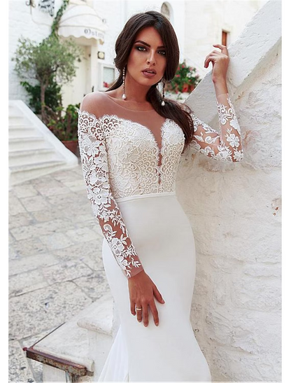 Engagement Open Back Formal Wedding Dresses Long Sleeve Jewel Neck Lace With Appliques