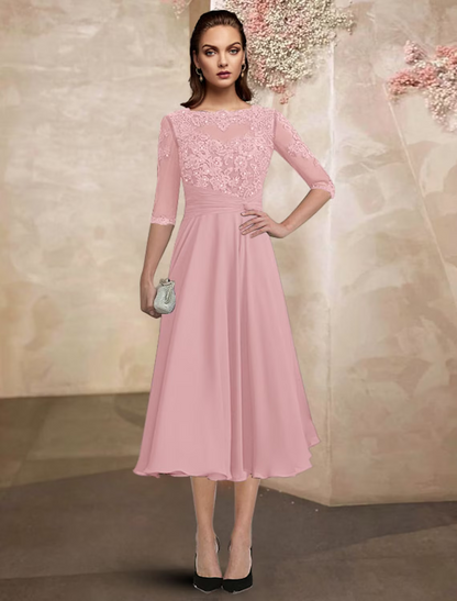 A-Line Mother of the Bride Dress Plus Size Elegant Tea Length Chiffon Lace Half Sleeve with Ruched Beading Appliques