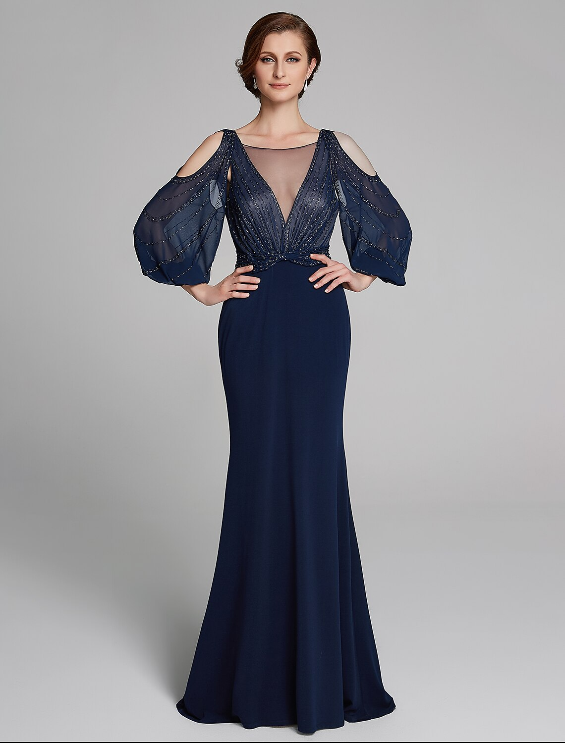 Mother of the Bride Dress Sparkle Shine Boat Neck Floor Length Chiffon Jersey Long Sleeve No with Beading Ruching
