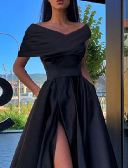 Prom Dresses Little Black Dress Dress Formal Floor Length Short Sleeve Off Shoulder Satin with Ruched Slit