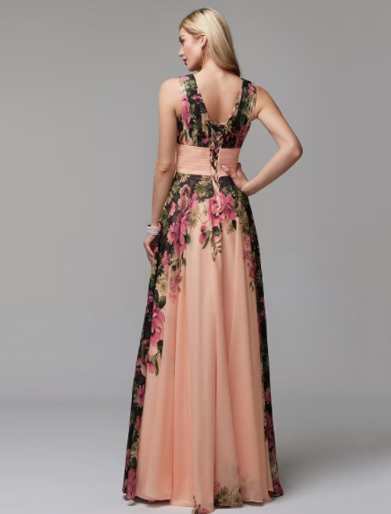 A-Line Floral Dress  Floor Length Sleeveless V Neck Chiffon with Pattern Print