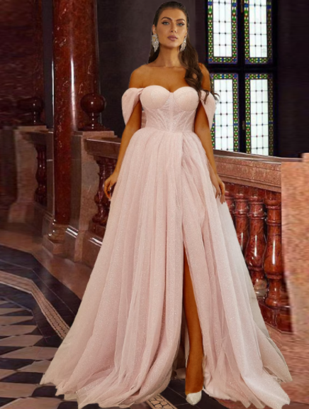 A-Line Prom Dresses Corsets Dress Prom  Short Sleeve Off Shoulder Tulle with Glitter Pleats Slit