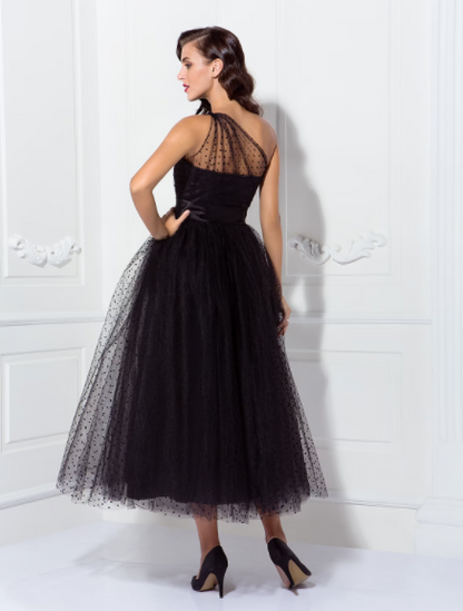 A-Line Cocktail Dresses Vintage Dress Wedding Guest Sleeveless One Shoulder Tulle with Pleats Pattern Print