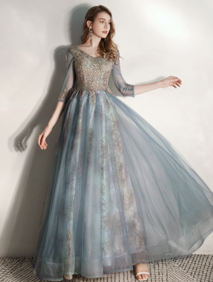 A-Line Prom Dresses Elegant Dress Engagement Floor Length Half Sleeve V Neck Tullewith Pleats Pattern Print Appliques