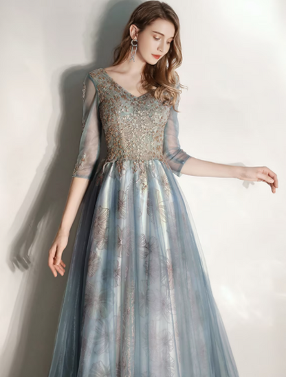 A-Line Prom Dresses Elegant Dress Engagement Floor Length Half Sleeve V Neck Tullewith Pleats Pattern Print Appliques