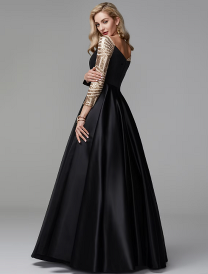 Sparkle Formal Evening Dress Off Shoulder Long Sleeve Floor Length Satin with Sequin