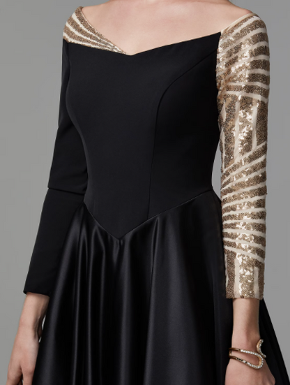 Sparkle Formal Evening Dress Off Shoulder Long Sleeve Floor Length Satin with Sequin