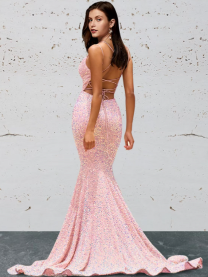 Prom Dresses Open Back Sleeveless Sequined Backless with Sequin