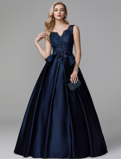 Formal Evening Dress V Neck Sleeveless Floor Length Lace with Bow(s) Beading
